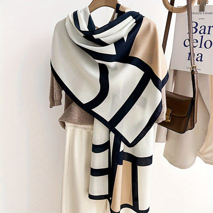 Women's Color Block Viscose Scarf & Shawl – Soft Breathable Geometric Print Windproof Sun Protection Wrap for Casual Outings Travel, Lightweight Hand-Wash Easy Care, Beige Khaki Orange