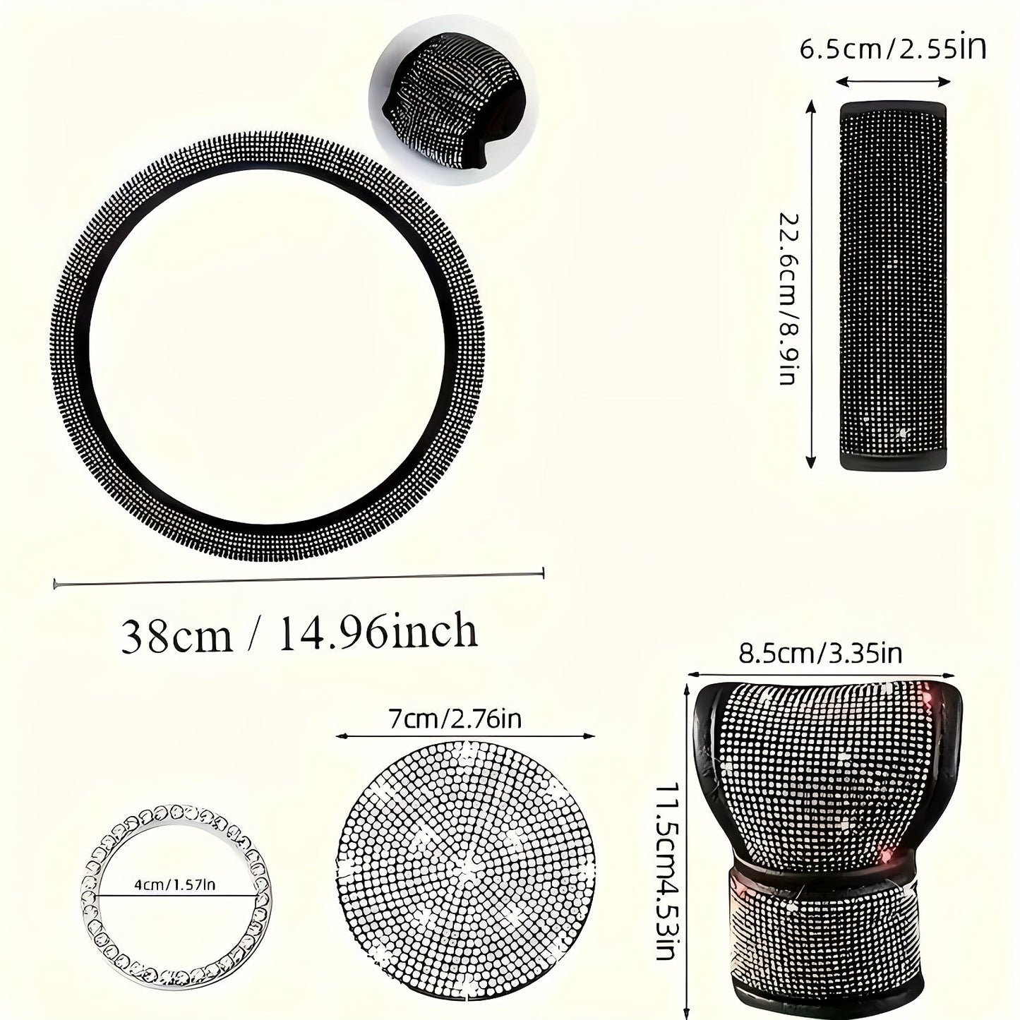 8pc Rhinestone Bling Car Accessories Set for Women – Steering Wheel Cover, Coasters, Seatbelt Pads, Starter Rings & Shift Knob Cover, 7 Colors, Sparkly Glitter Interior Kit