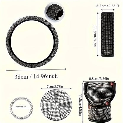 8pc Rhinestone Bling Car Accessories Set for Women – Steering Wheel Cover, Coasters, Seatbelt Pads, Starter Rings & Shift Knob Cover, 7 Colors, Sparkly Glitter Interior Kit