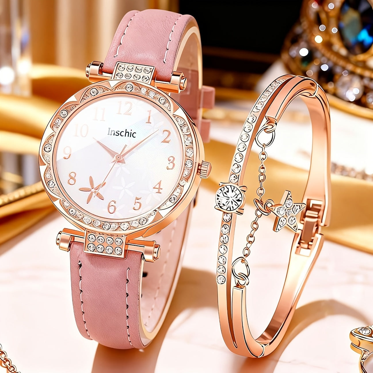 Rhinestone Heart Watch Set for Women – 2 Quartz Watches with Faux Leather Strap, Rose Gold & Pink Bracelet Wristwatch Gift Set for Valentine's Day, Birthdays & Parties