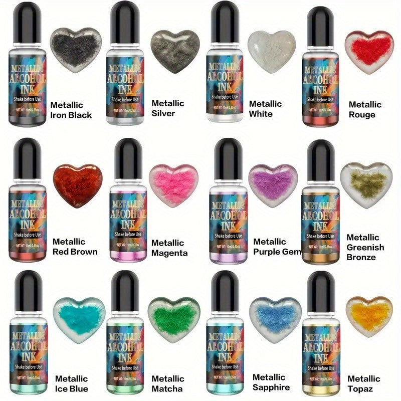 12 Color Metallic Alcohol Ink Set for Epoxy Resin Art – Concentrated Glitter Alcohol Pigment Dye for Resin Petri Dish & Cup Making, 0.34 oz per Bottle