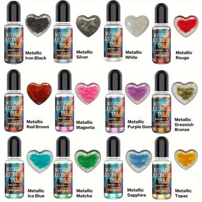 12 Color Metallic Alcohol Ink Set for Epoxy Resin Art – Concentrated Glitter Alcohol Pigment Dye for Resin Petri Dish & Cup Making, 0.34 oz per Bottle