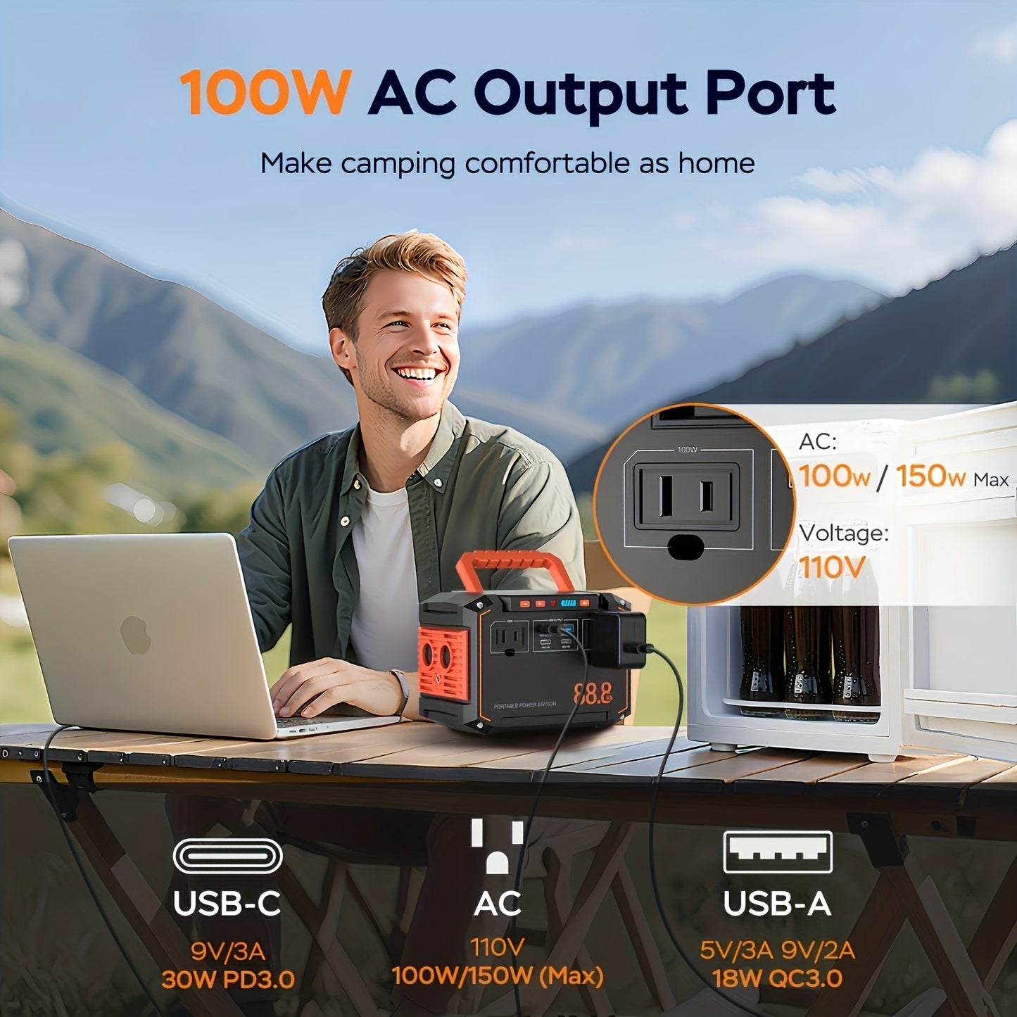 88.8Wh Portable Solar Generator Power Station with 30W Solar Panel – 24000mAh AC/DC/USB-C Backup Battery for Camping, Emergency, CPAP, Fans, Laptops & Outdoor Home Use – Solar Panel Optional