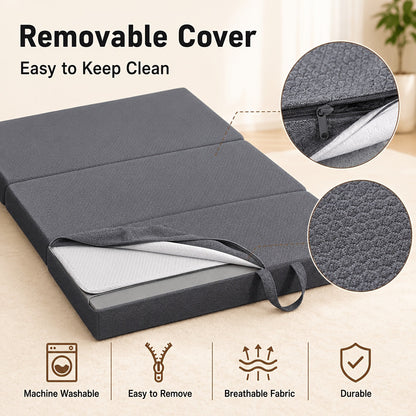 Tri-Fold Memory Foam Mattress 3/4/6 Inch with Washable Cover - Portable Folding Floor Guest Bed for Camping RV Travel Road Trip Small Spaces