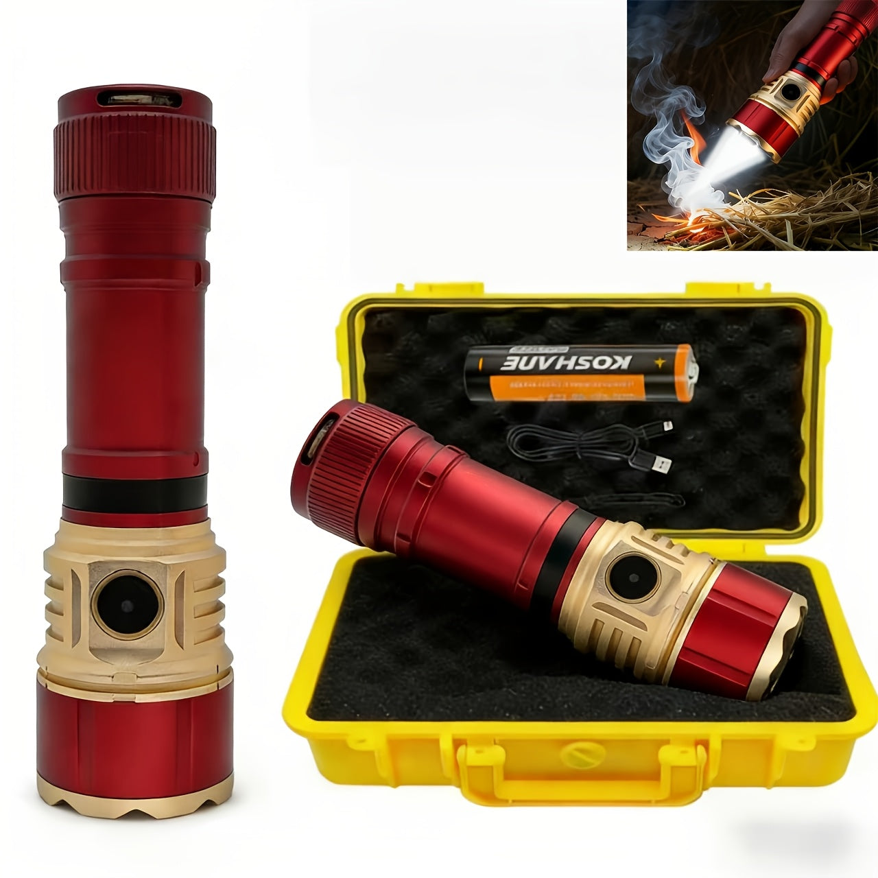 Tactical Flashlight with Fresnel Fire Starter – 4500 Lumen Aluminum Alloy, 1000m Beam, Rechargeable 21700 3000mAh Battery, Portable Compact High Brightness for Camping, Survival & Emergency