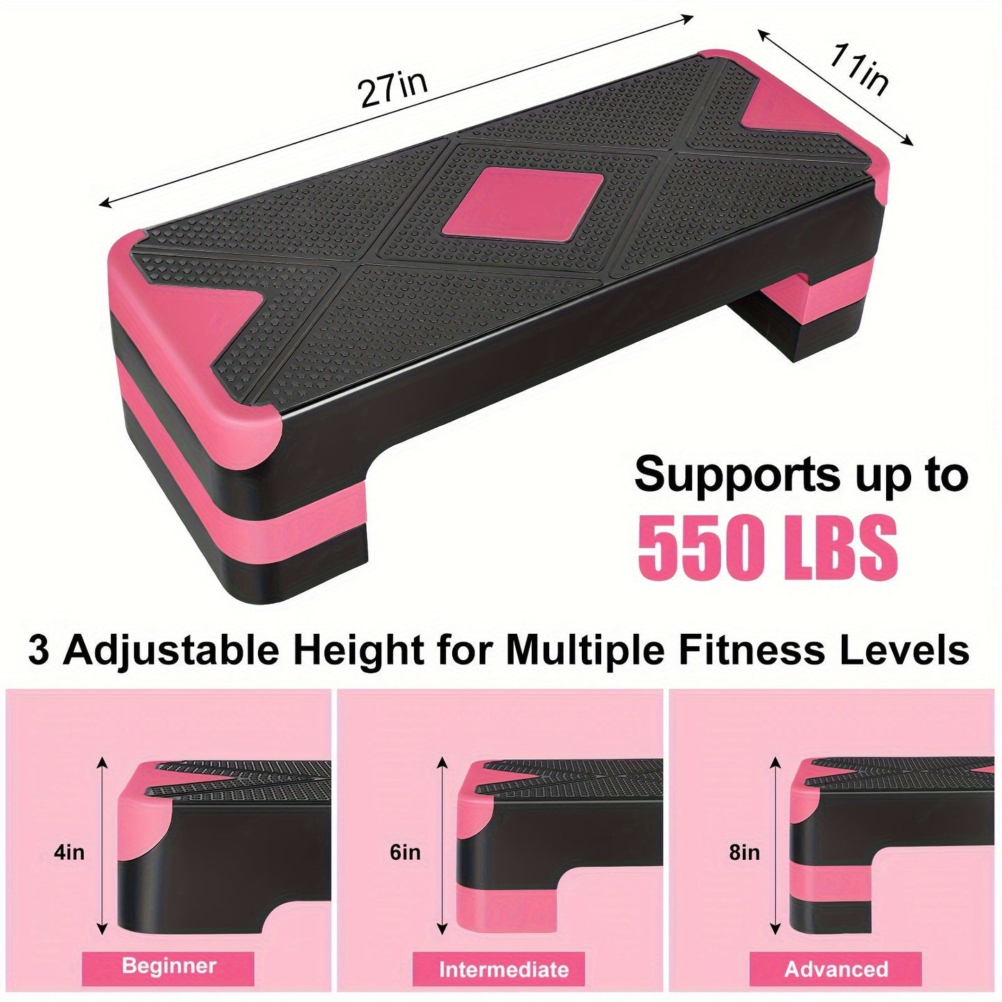 Adjustable Aerobic Step Platform – 3 Height Settings (4"/6"/8"), Non-Slip Workout Stepper for Home Gym Cardio Training, Step Aerobics Exercise Board (6 Colors)