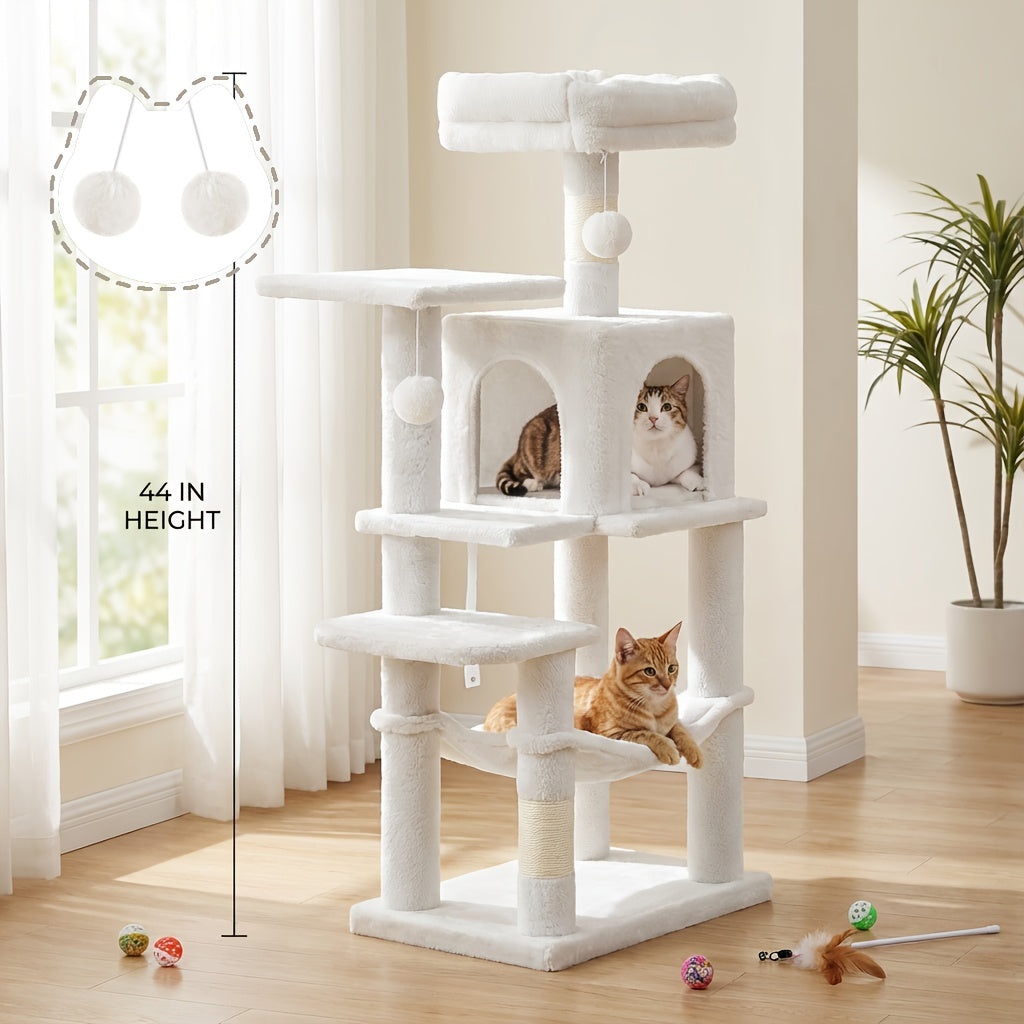 Multi-Level Cat Tree Tower 44-66 Inch with Hammock Sisal Scratching Posts Cozy Cave Perches Anti-Tilt Stable Cat Condo for Multi-Cat Families Kittens & Cats Gift