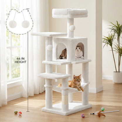 Multi-Level Cat Tree Tower 44-66 Inch with Hammock Sisal Scratching Posts Cozy Cave Perches Anti-Tilt Stable Cat Condo for Multi-Cat Families Kittens & Cats Gift