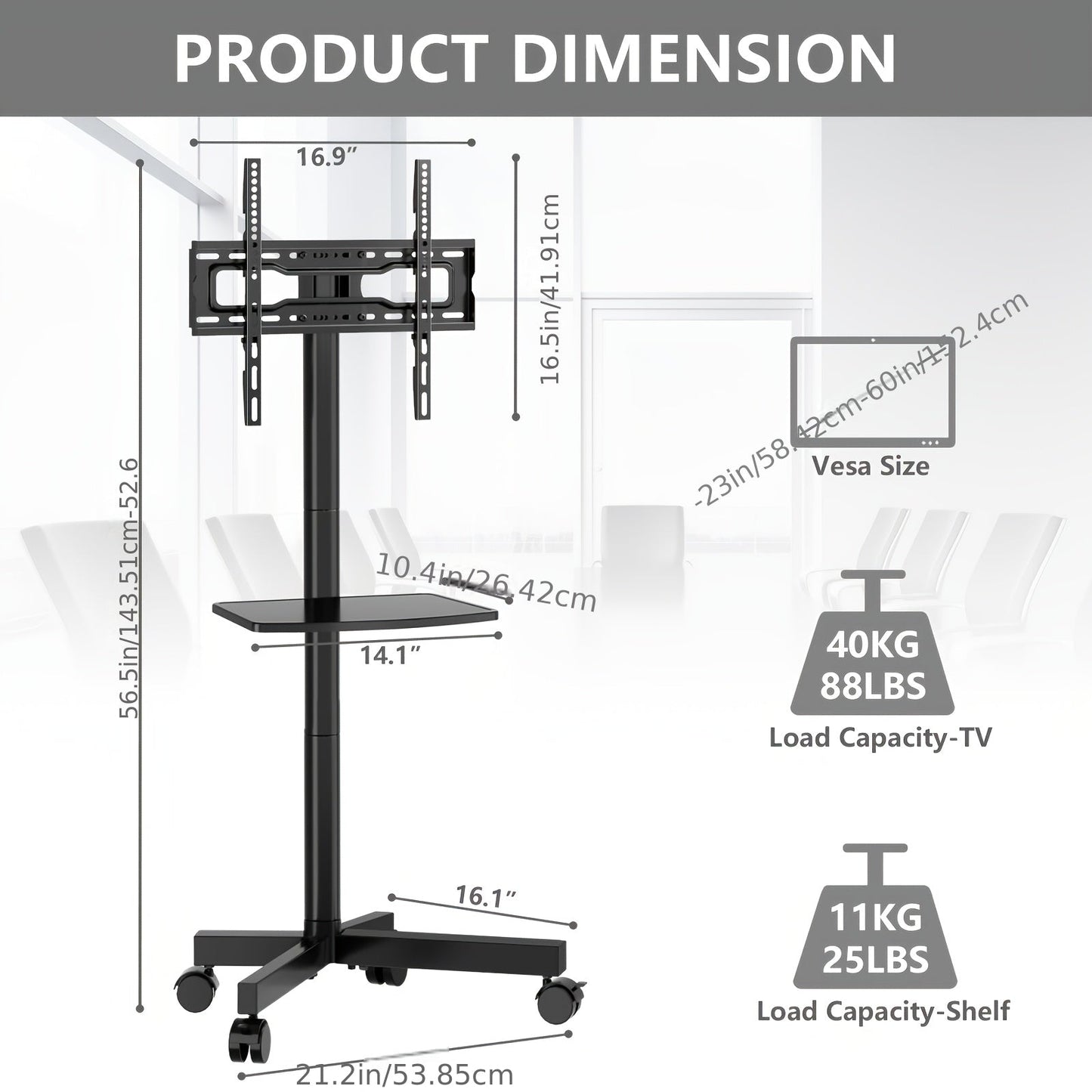 Rolling TV Stand Cart on Wheels for 23–60 Inch TVs – Height Adjustable, 88lb Capacity, VESA 400x400, Media Shelf, 360° Locking Wheels, No Wall Drilling, Mobile TV Mount