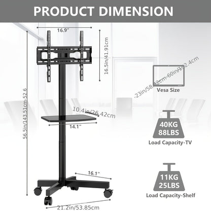 Rolling TV Stand Cart on Wheels for 23–60 Inch TVs – Height Adjustable, 88lb Capacity, VESA 400x400, Media Shelf, 360° Locking Wheels, No Wall Drilling, Mobile TV Mount