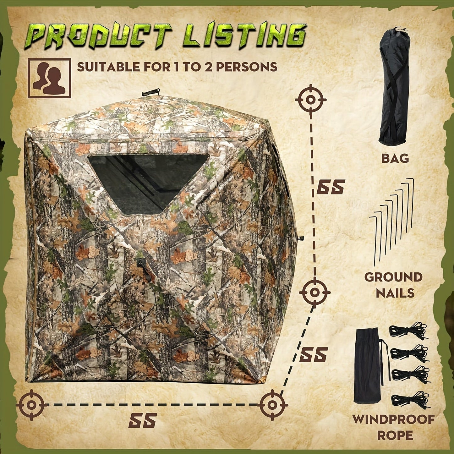 Pop-Up Hunting Blind 2-3 Person – 270° See-Through Design, Camouflage Ground Blind for Deer & Turkey Hunting, Easy Setup with Carrying Case