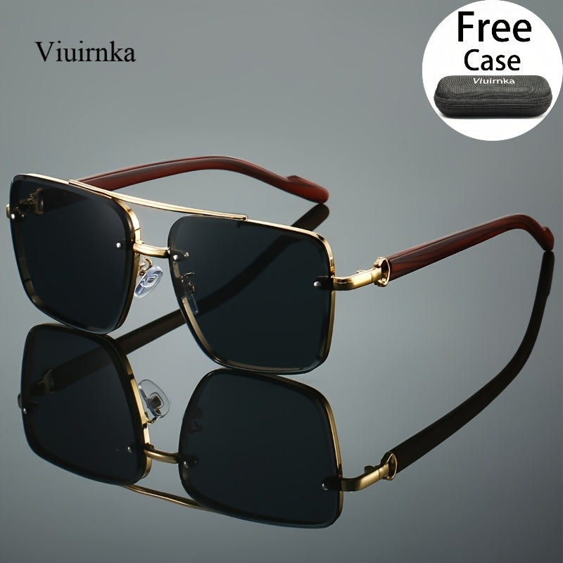 Square Fashion Glasses with Wood Grain Temples for Men Women – Double Beam Retro Design Gradient Lens Sunglasses Unisex for Driving Travel Street Photography Gift with Case