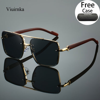 Square Fashion Glasses with Wood Grain Temples for Men Women – Double Beam Retro Design Gradient Lens Sunglasses Unisex for Driving Travel Street Photography Gift with Case
