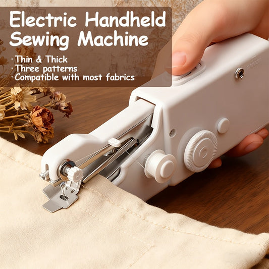 Compact Handheld Sewing Machine Kit Portable Battery Powered with Needles Bobbins Thread Spool Needle Threader and Fabric Sample – Quick Repair Tool for Clothes Garments Curtains and DIY Sewing Projects