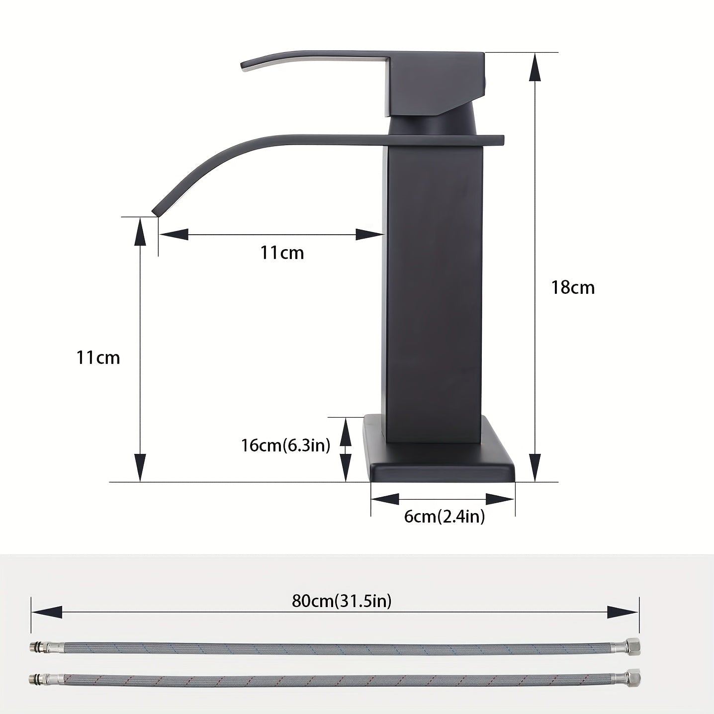 Waterfall Bathroom Sink Faucet Single Handle Hot & Cold - Universal 1 or 3 Hole Countertop Mount, RV Vanity Faucet with Water Supply Hose, Modern Design in Black, Black Gold & Silver