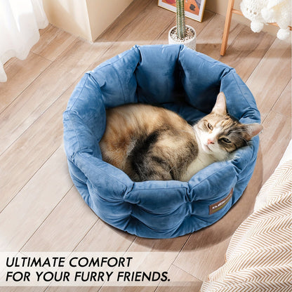 Round Velvet Cat Bed with Extra High Sides – Deep Nest Design, Machine Washable, Non-Slip Bottom, 20"x20"x8", for Indoor Cats & Small Pets Up to 15 lbs