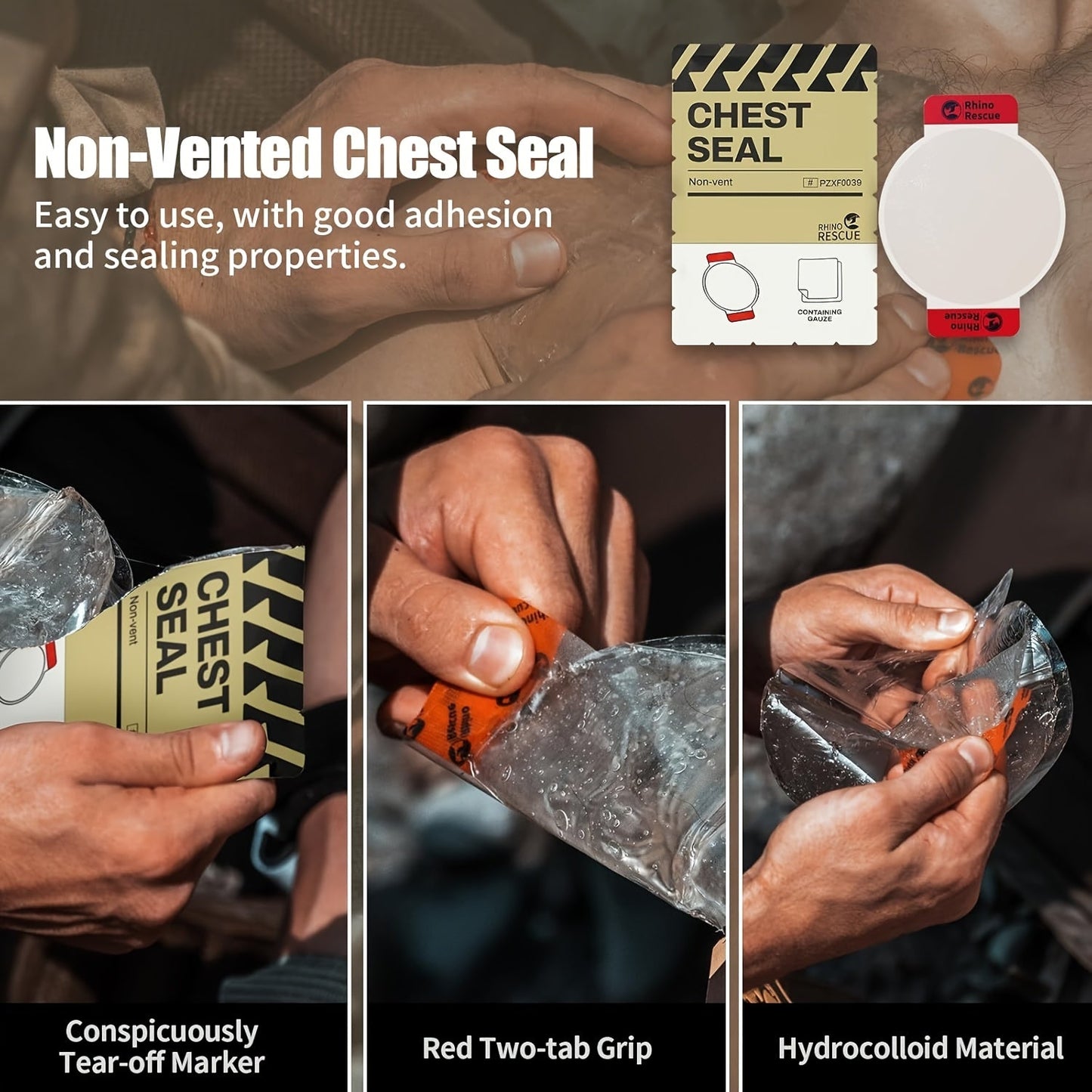 RHINO RESCUE Non-Vented Chest Seal Emergency Trauma Dressing – Portable IFAK Medical Supply for Sucking Chest Wounds, PA Nylon, FSA/HSA Eligible, Yellow