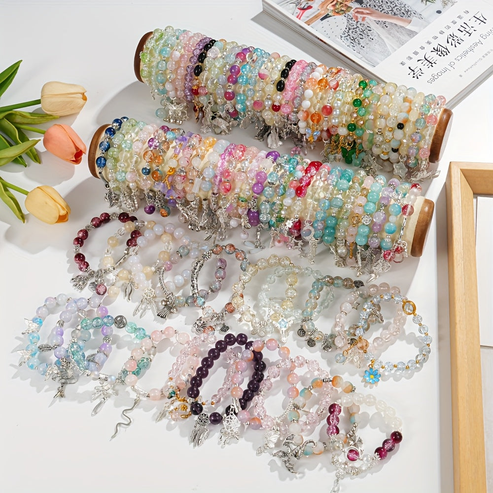 30pcs Glass Bead Bracelets Set for Women Stackable Stretch Bracelets with Butterfly Floral Charms Heart Star Pendants Multicolor - Boho Jewelry Gift Set for Valentine's Day Birthday Anniversary