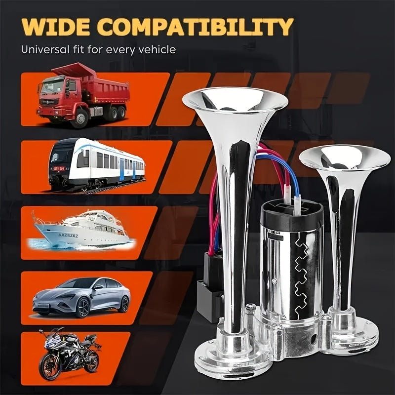 120dB Dual Air Horn Kit 12V with Air Compressor – Super Loud Truck Train Horn for SUV, Motorcycle, Pickup Truck, Car & Boat – Universal Electric Dual Tone Horn – Velora