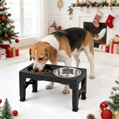 Adjustable Elevated Dog Bowl Stand with 3-Bowl Set – 5 Heights 3.2–12.2 Inch, 2 Stainless Steel Bowls + Slow Feeder Bowl for Small Medium Large Dogs, Raised Feeder in Black or Gray