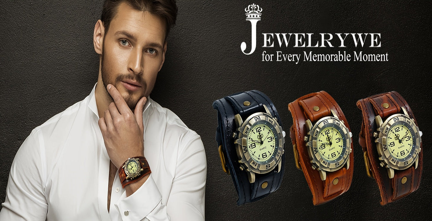 Vintage Steampunk Wide Leather Strap Analog Quartz Watch for Men Women – Unisex Biker Style Round Case, Dark Brown Black Brown, Halloween Christmas Father's Day Gift