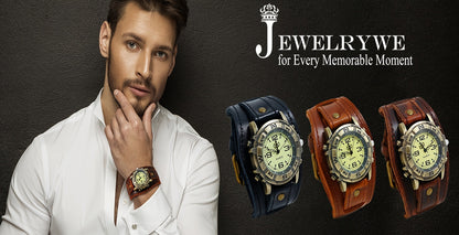 Vintage Steampunk Wide Leather Strap Analog Quartz Watch for Men Women – Unisex Biker Style Round Case, Dark Brown Black Brown, Halloween Christmas Father's Day Gift