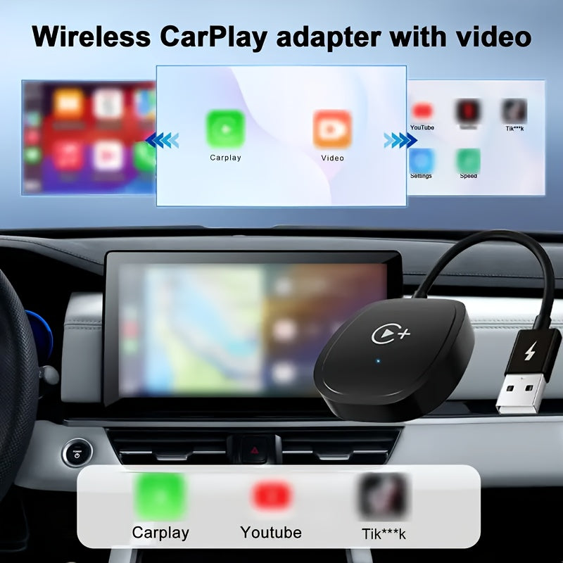 Wireless CarPlay Adapter with YouTube & TikTok – Plug & Play USB Dongle Converts Wired to Wireless Apple CarPlay, Supports iPhone Hotspot WiFi, Compatible with Audi Ford Toyota Honda & More