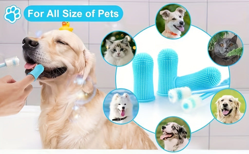 3-Piece Pet Dental Care Silicone Toothbrush Set 360° Finger Brush & Micro-Ciliated Brush for Dogs & Cats Soft Gentle No Battery Required