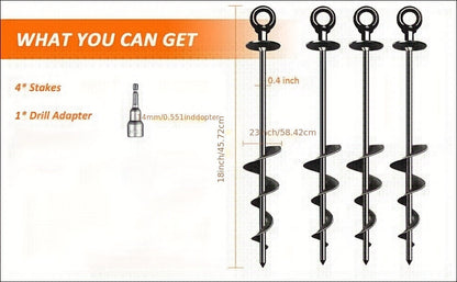 18 Inch Heavy-Duty Spiral Ground Anchors Carbon Steel – 4 or 6 Pack Screw-In Earth Auger Stakes for Tent, Trampoline, Dog Tie-Out, Garden & Outdoor Camping Secure Anchoring