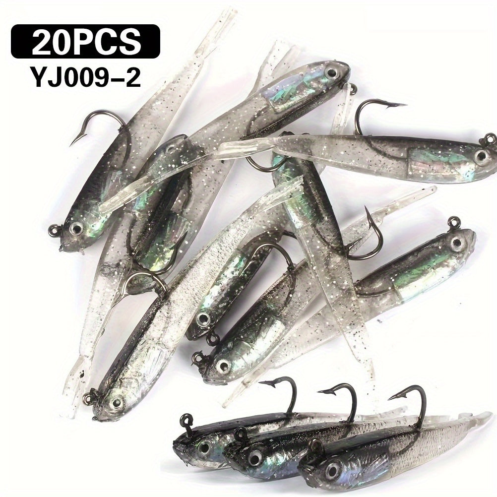 20pcs Bionic Soft Fishing Lures with Hook – Realistic Gray Fish Bait for Bass Sea Bass Black Fish, Lead Weighted Freshwater Saltwater Fishing Lure Set
