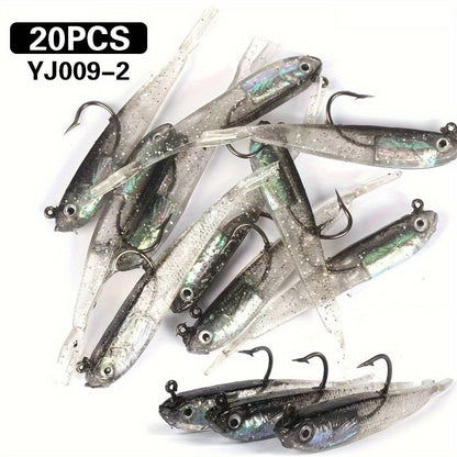 20pcs Bionic Soft Fishing Lures with Hook – Realistic Gray Fish Bait for Bass Sea Bass Black Fish, Lead Weighted Freshwater Saltwater Fishing Lure Set
