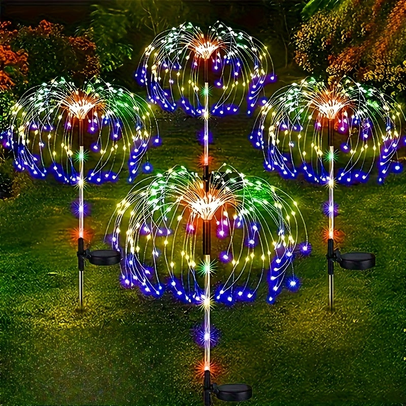 Solar Firework Lights Outdoor 2 Pack – 120 to 840 LED Waterproof Starburst Ground Stake Lights for Garden, Pathway, Lawn, Patio, Christmas, Halloween & Wedding Decoration, Warm White & Colorful