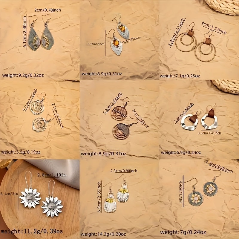 9-Pair Bohemian Geometric Earrings Set for Women – Wooden Leather Retro Sunflower Circular Earrings, Multicolor Boho Style, Perfect Christmas & Birthday Gift