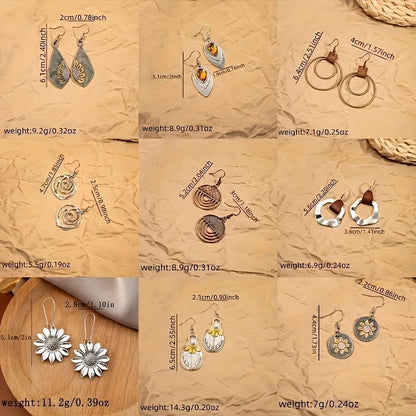 9-Pair Bohemian Geometric Earrings Set for Women – Wooden Leather Retro Sunflower Circular Earrings, Multicolor Boho Style, Perfect Christmas & Birthday Gift