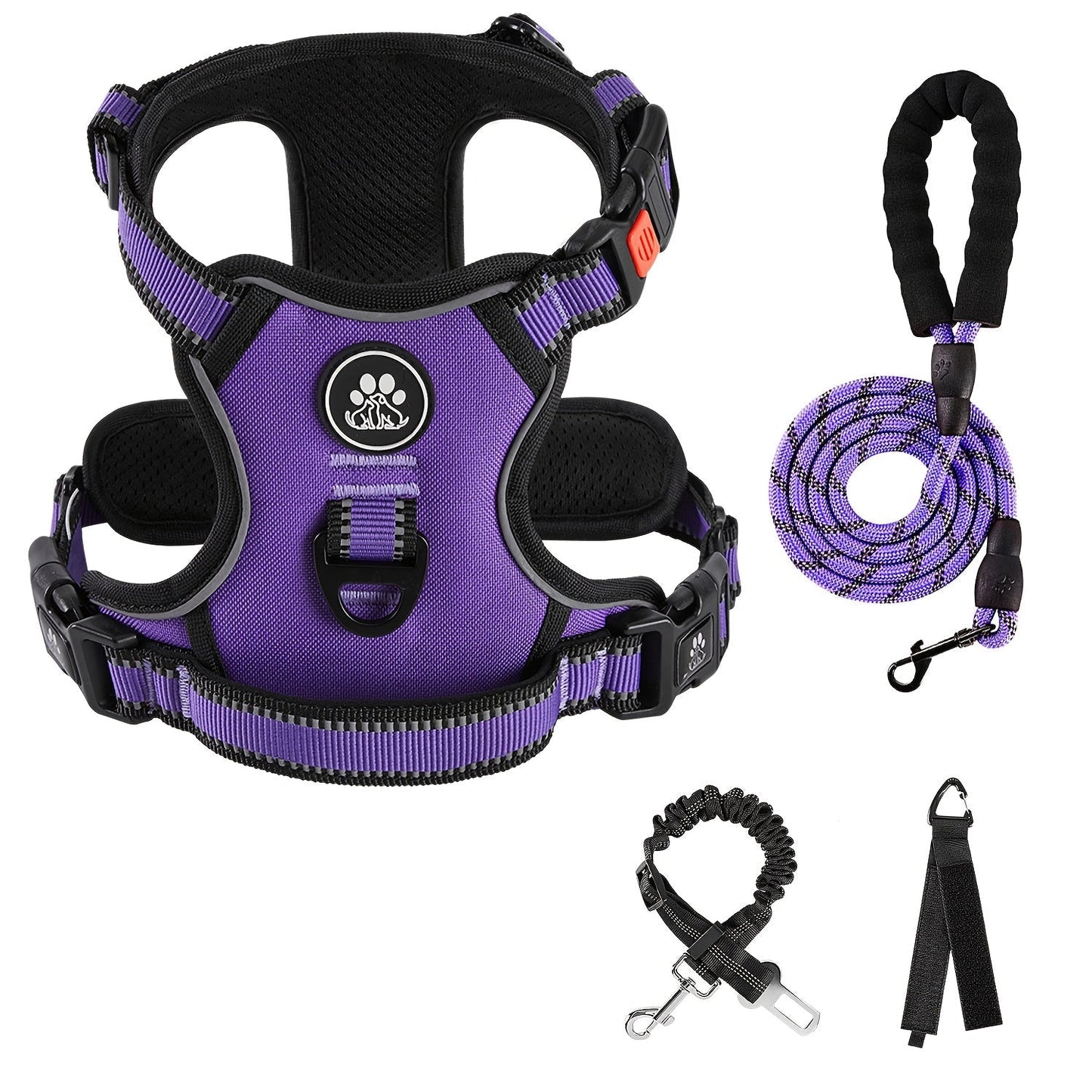 No Pull Dog Harness Set with Leash Retractable Seatbelt & Collar – Fully Reflective Adjustable Breathable Vest Harness with Handle for Small & Large Dogs XS–XL