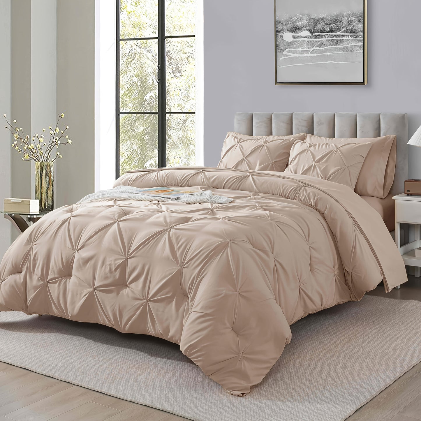 Comforter Set 7 Piece Queen King Full - Soft Microfiber Pintuck Pleated Bed in a Bag Complete Bedding Set with Comforter, Fitted Sheet, Flat Sheet & Pillowcases, All Season Home & Dorm Bedding
