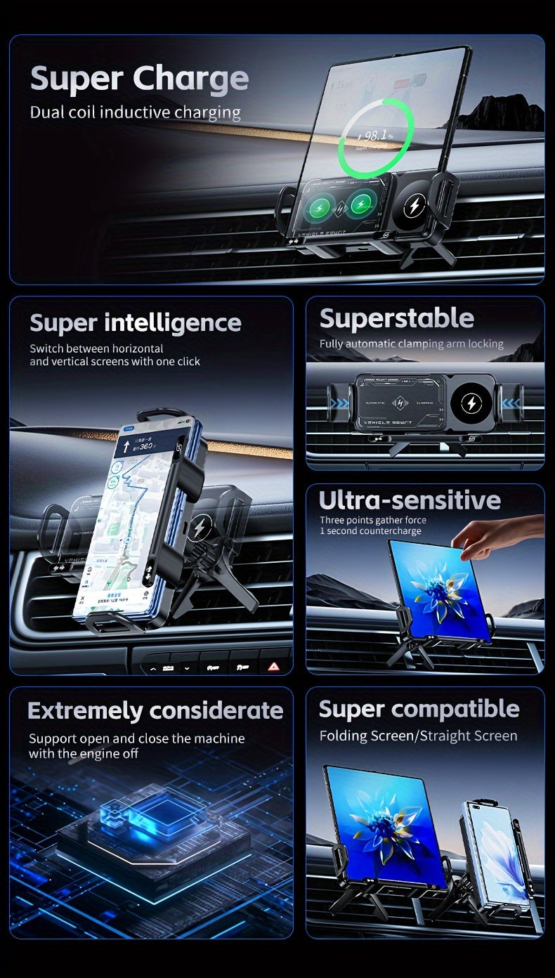Car Mount with Wireless Fast Charging 15W - Compatible with iPhone 8 to 15 Series, Samsung Galaxy S and Note Series, Fold 5 and Fold 6, Supports Folding Screen Smartphones, USB Powered Dashboard Phone Holder