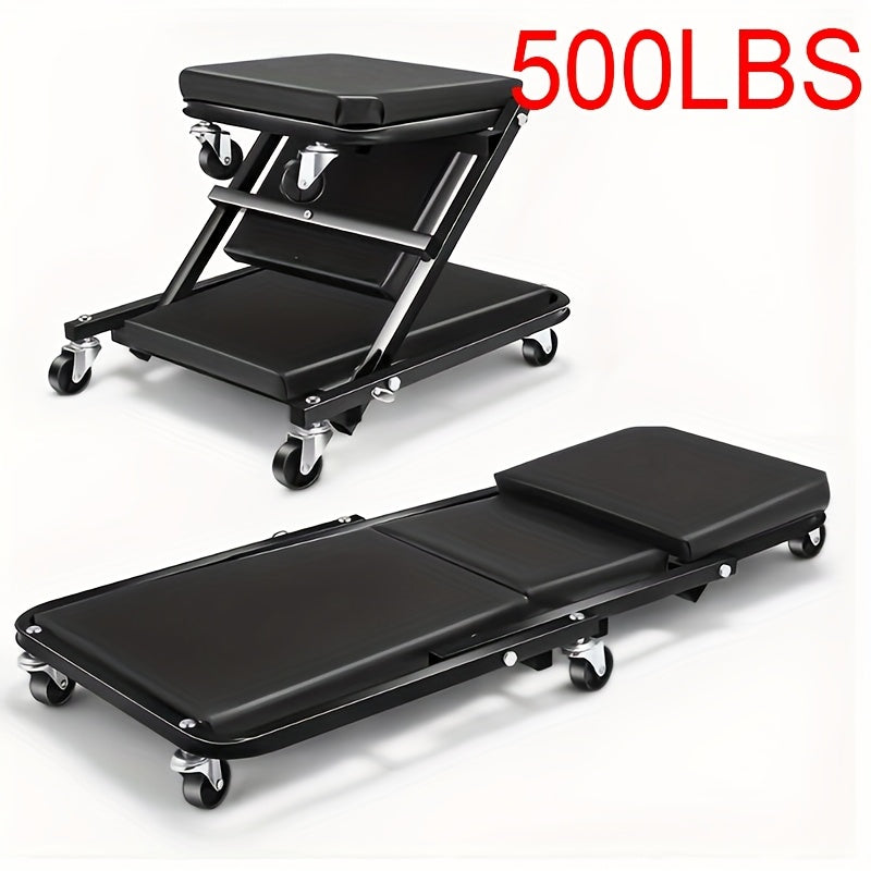 Foldable 2-in-1 Mechanic Creeper & Rolling Seat 300LB | 36 Inch Z-Crawler with 6 Swivel Wheels, Adjustable Headrest, Folding Car Repair Creeper for Garage Workshop – Black & Red