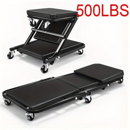 Foldable 2-in-1 Mechanic Creeper & Rolling Seat 300LB | 36 Inch Z-Crawler with 6 Swivel Wheels, Adjustable Headrest, Folding Car Repair Creeper for Garage Workshop – Black & Red