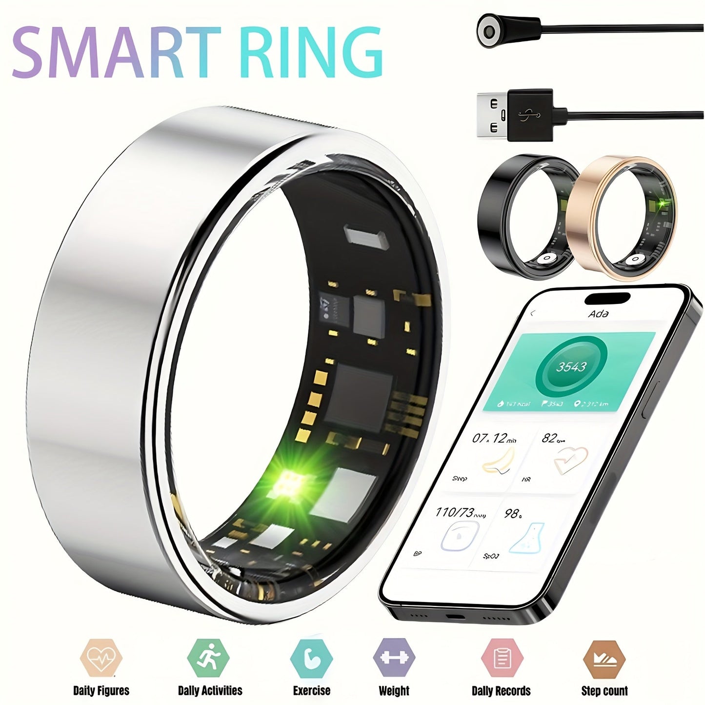 Smart Ring for Women & Men – IP68 Waterproof Fitness Tracker with Sleep Tracking, Step Counter, Exercise Monitoring & Camera Control, Lightweight Health Ring Compatible with iPhone & Android