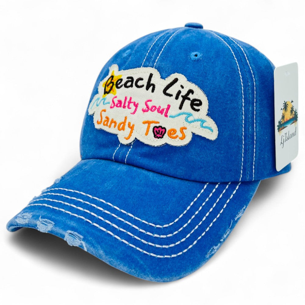 Beach Life Salty Soul Sandy Toes Vintage Distressed Embroidered Baseball Cap – Local Artist Design, 100% Cotton UV Protection Adjustable Coastal Sun Hat, Beach Lover Gift