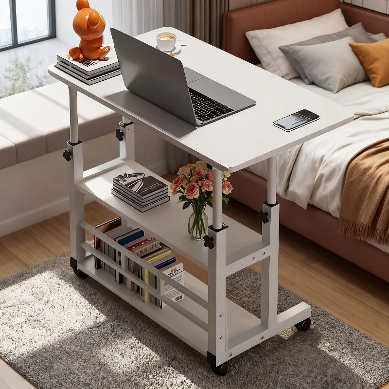 Rolling Bedside Desk Height Adjustable 23-35 Inch with Storage Shelf & Omnidirectional Wheels for Home Bedroom Office Laptop Table