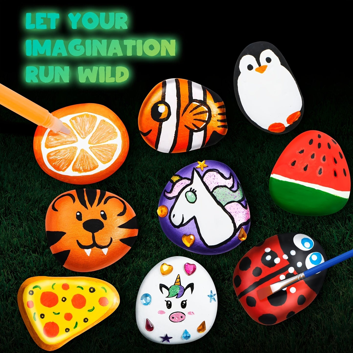 Glow in the Dark Rock Painting Kit for Kids Ages 6+ – Complete Arts & Crafts Set with 10 Rocks, 17 Paints, Gems, Brushes & Stickers | STEM Creative Art Toy Gift for Boys & Girls, Birthday & Easter