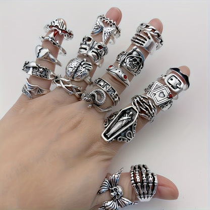 24pcs Retro Punk Ring Set for Women Men – Dark Style Spider Skull Cross Vintage Gothic Rings, Adjustable Stackable Jewelry for Daily Wear, Party, Halloween & Gift