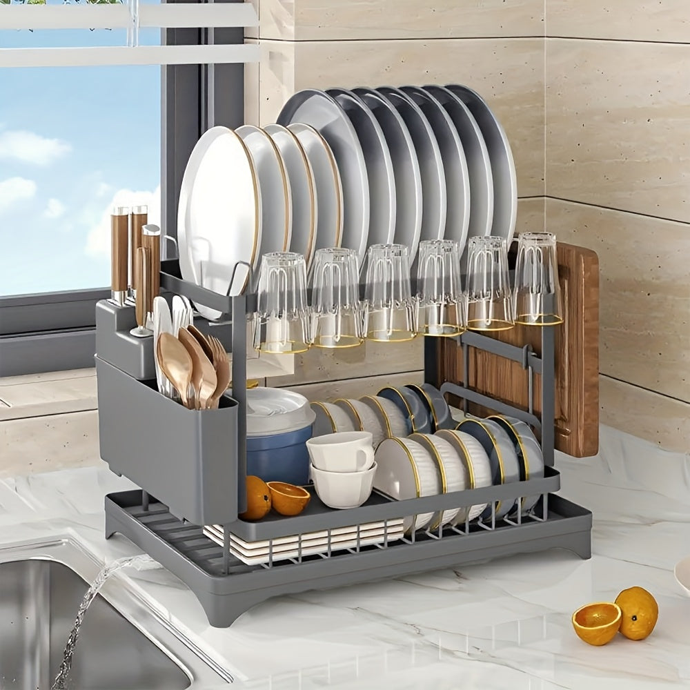 2-Tier Dish Drying Rack with Drainboard for Kitchen Counter – Large Capacity Metal Dish Drainer with Drain Tray, Organizer for Plates, Cups & Utensils, Available in Black, White & Gray