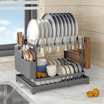 2-Tier Dish Drying Rack with Drainboard for Kitchen Counter – Large Capacity Metal Dish Drainer with Drain Tray, Organizer for Plates, Cups & Utensils, Available in Black, White & Gray