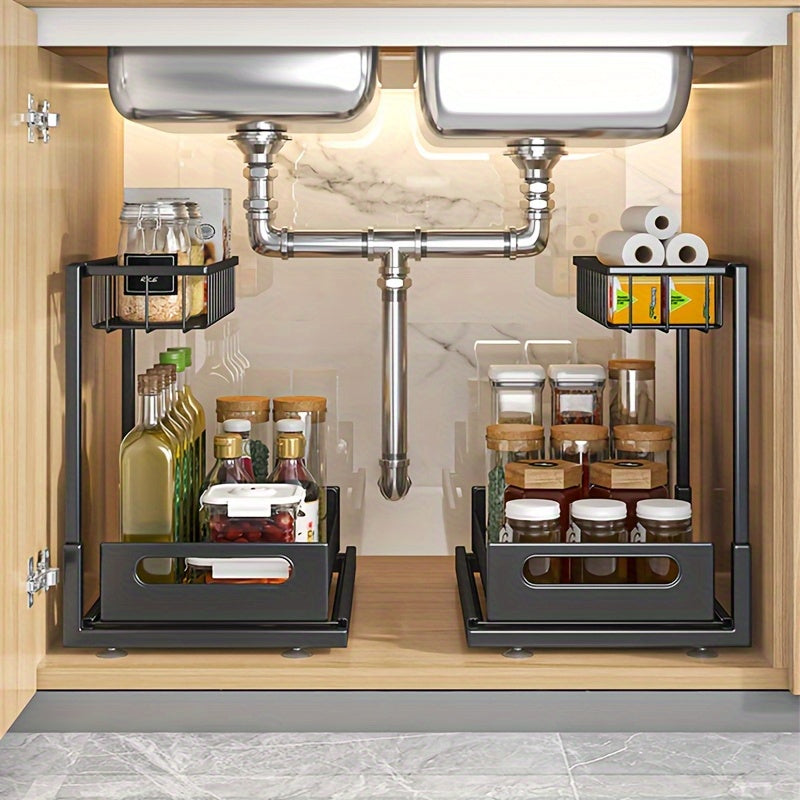 Metal Under Sink Organizer Pull Out Storage Shelf with Sliding Drawer - Under Sink Cabinet Organizer for Kitchen & Bathroom, Adjustable 2-Tier Rack, 1-Pack or 2-Pack
