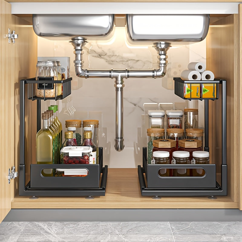 Metal Under Sink Organizer Pull Out Storage Shelf with Sliding Drawer - Under Sink Cabinet Organizer for Kitchen & Bathroom, Adjustable 2-Tier Rack, 1-Pack or 2-Pack