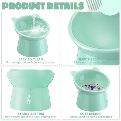 Raised Cat Bowls Set of 3 Cat-Ear Shaped Elevated Feeder Anti-Slip Base Neck Comfort Design Tri-Color Pet Feeding Dish Pink Green Blue Multi-Cat Household