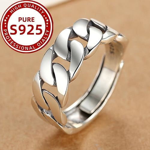 Adjustable Cuban Ring with 925 Silver Twist Chain for Men & Women – Unisex Index Finger Ring, Unique Street Style Fashion Jewelry, Stackable & Everyday Wear